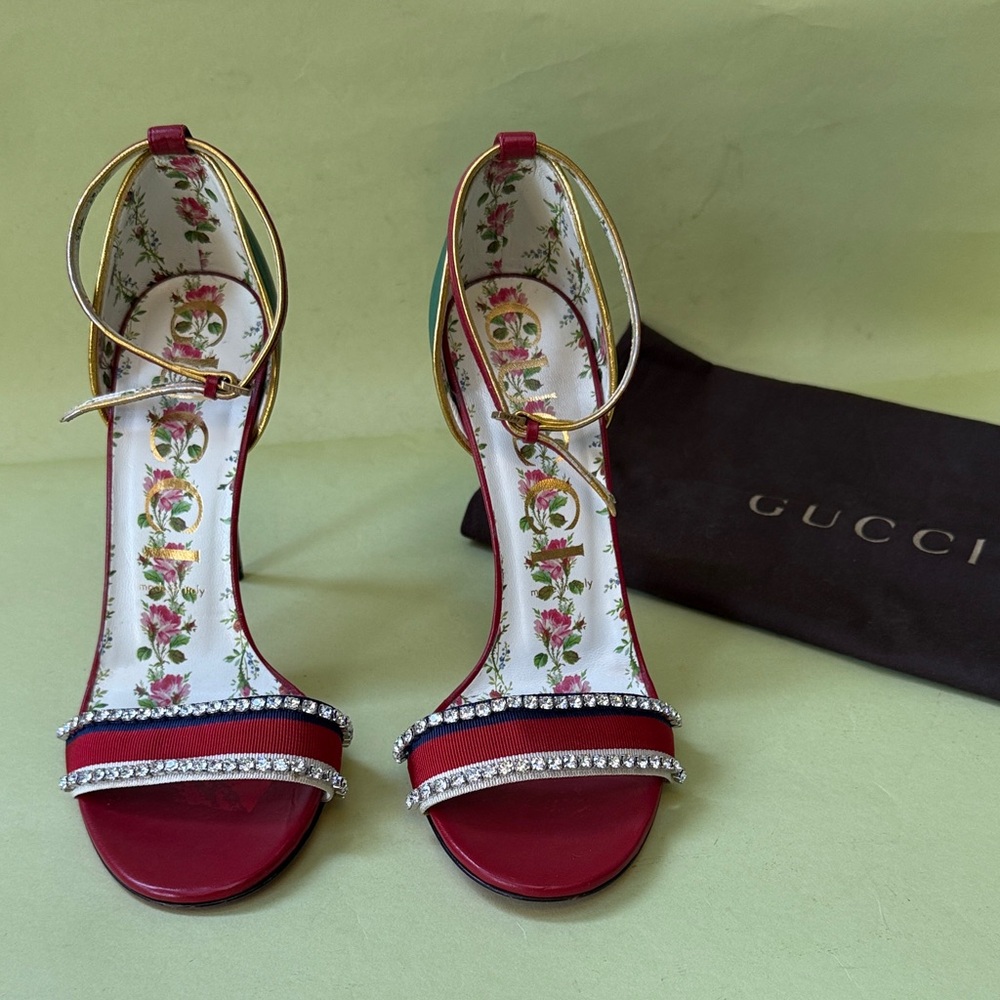 Gucci Limited Edition Red/Blue/Green Heels with Crystal Details and Dust Bag